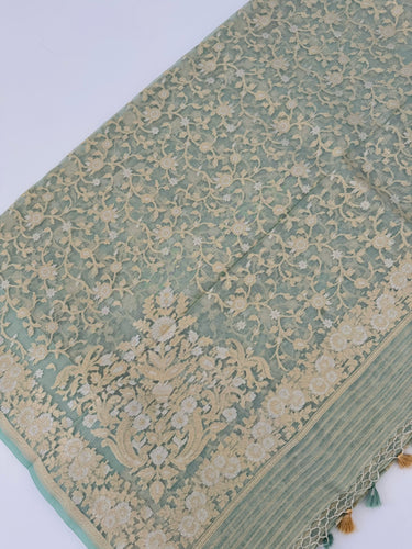 Silk Organza Saree | Light Sea Green | Gold & Silver Zari | Handwoven | Ships from California
